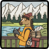 Horse writing in journal on trail bridge with backpack and mountains