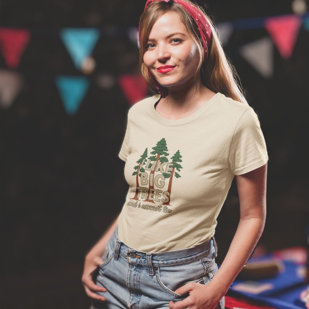 Woman wearing I Like Big Trees funny tree t-shirt outdoor lifestyle