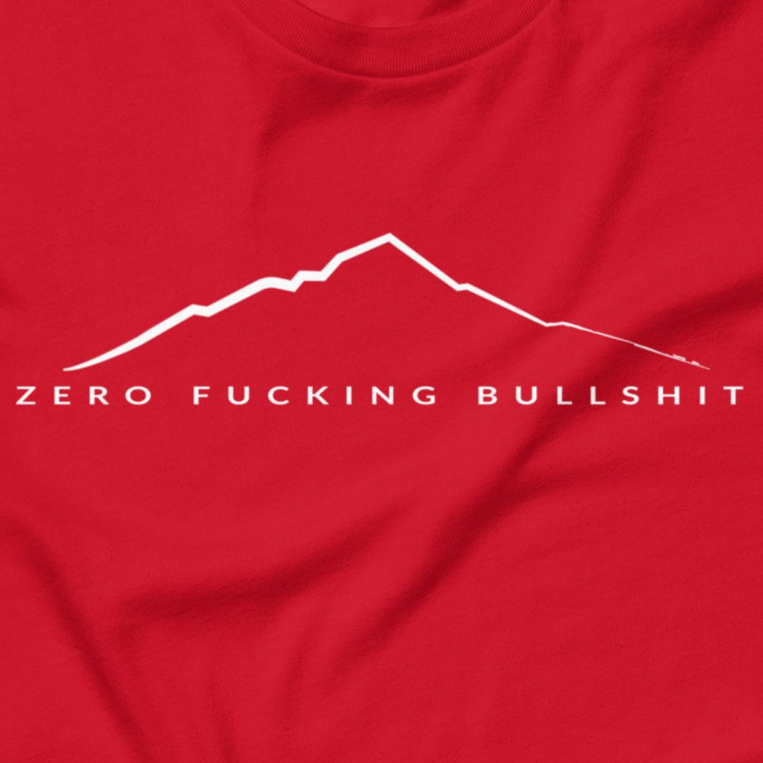 Mountains Have Zero BS hiking t-shirt red close-up design