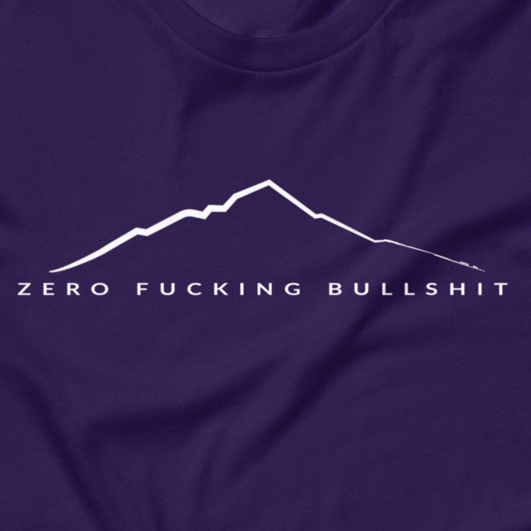 Mountains Have Zero BS hiking tee team purple close-up design
