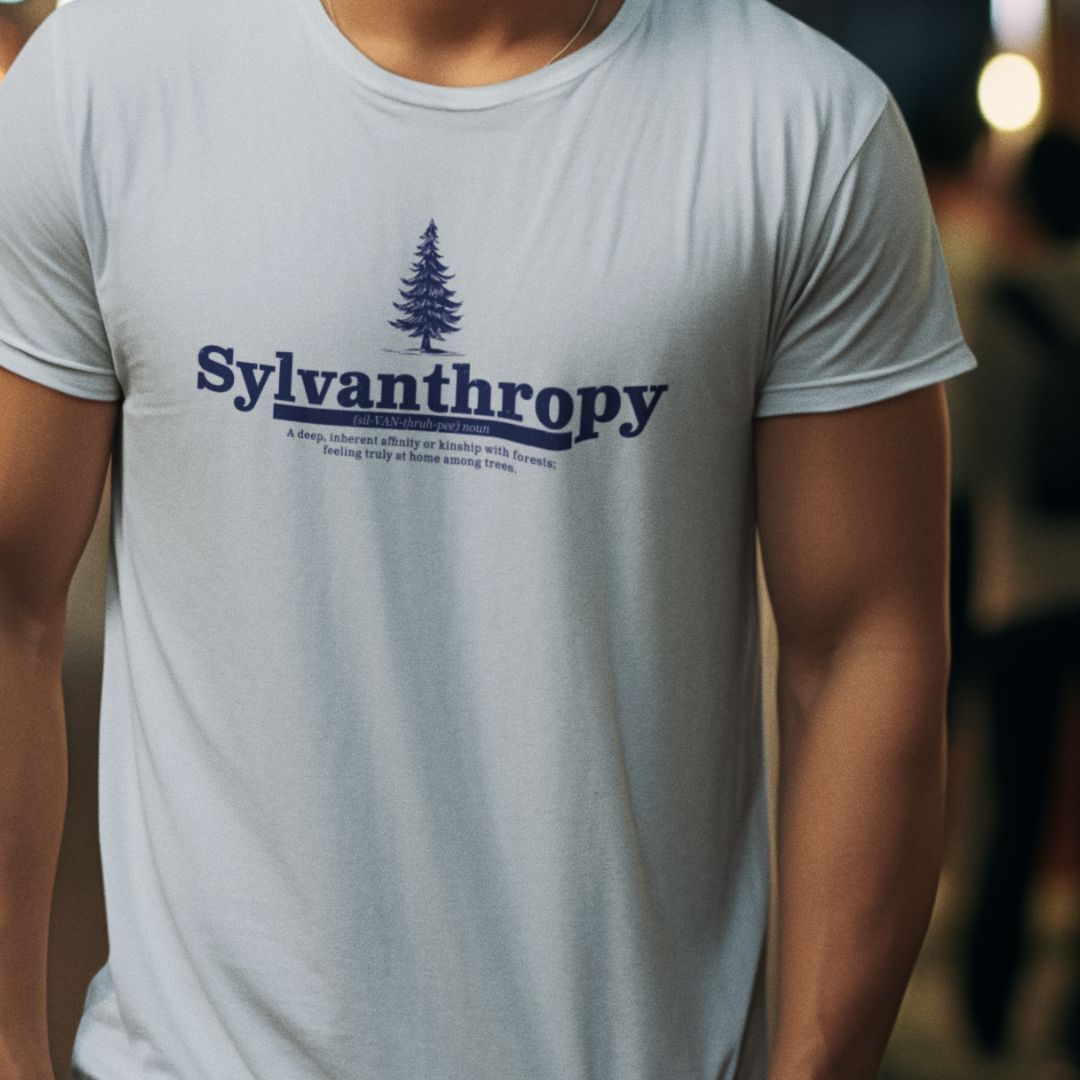 Man wearing Sylvanthropy baby blue nature t-shirt outdoor lifestyle