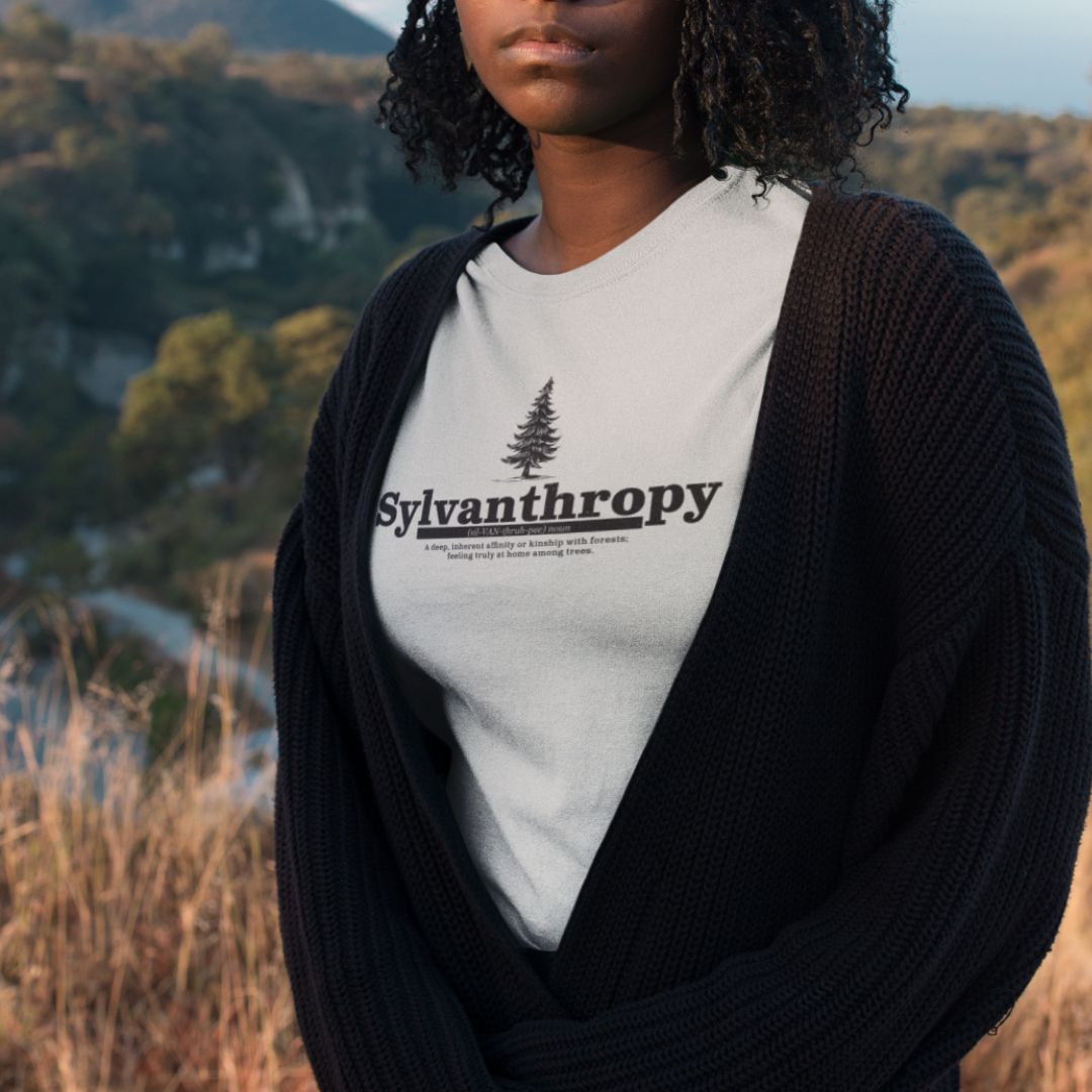 Woman wearing Sylvanthropy silver outdoor nature t-shirt hiking