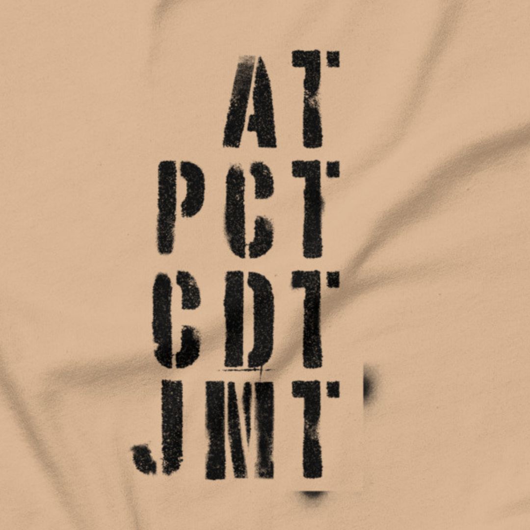 Trail Legends thru hiking t-shirt tan AT PCT CDT JMT close-up