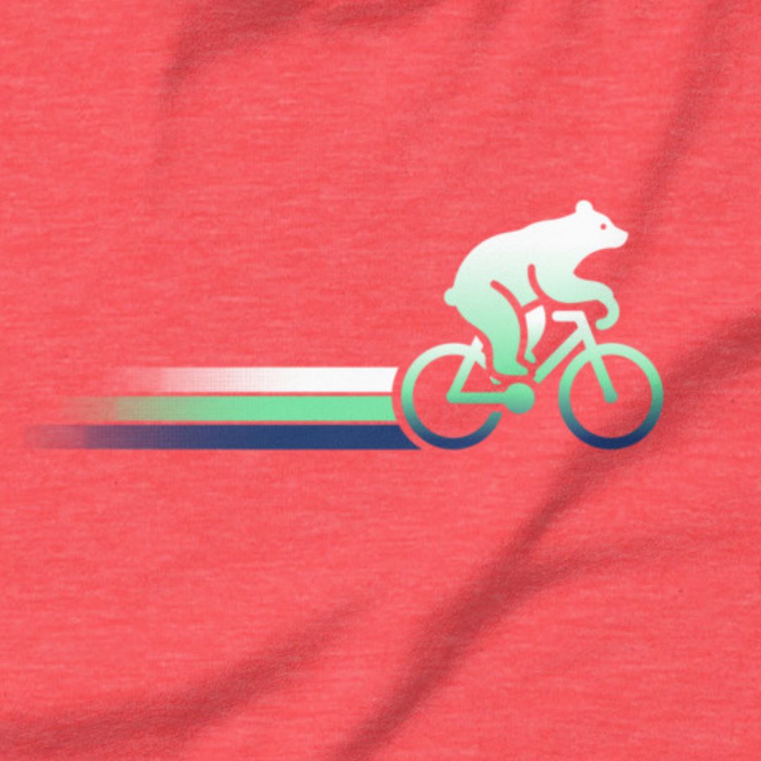 Woodland Cyclist Bear cycling t-shirt heather red close-up bike design