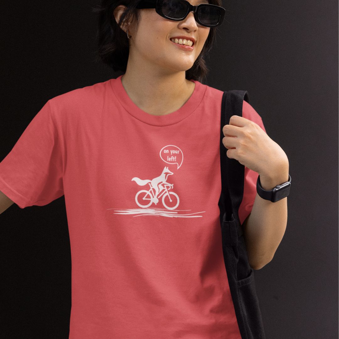 Woman wearing On Your Left Fox heather red funny cycling t-shirt
