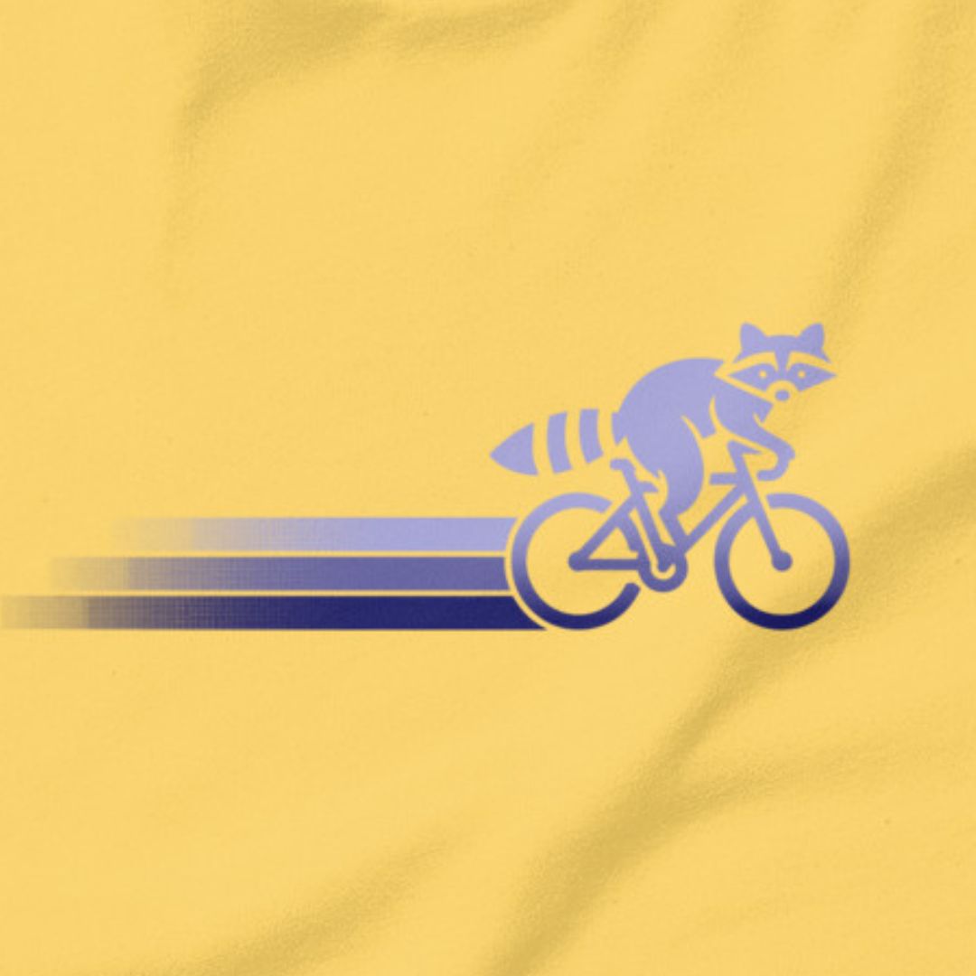 Woodland Cyclist Raccoon cycling t-shirt yellow close-up bike design