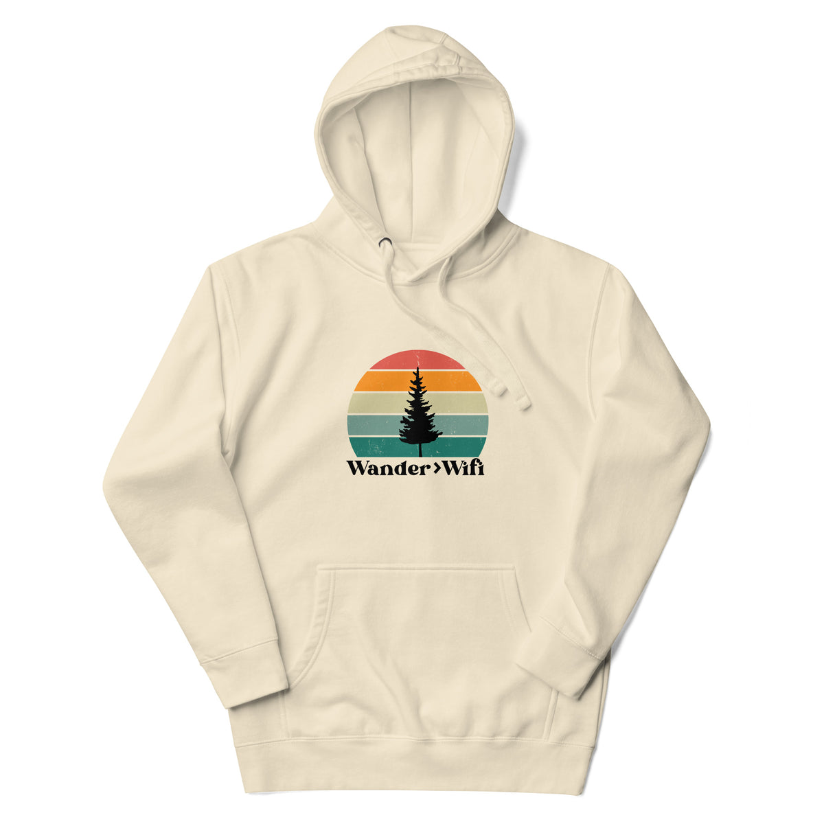 Wander is Greater than Wifi bone hoodie front view retro sunset graphic