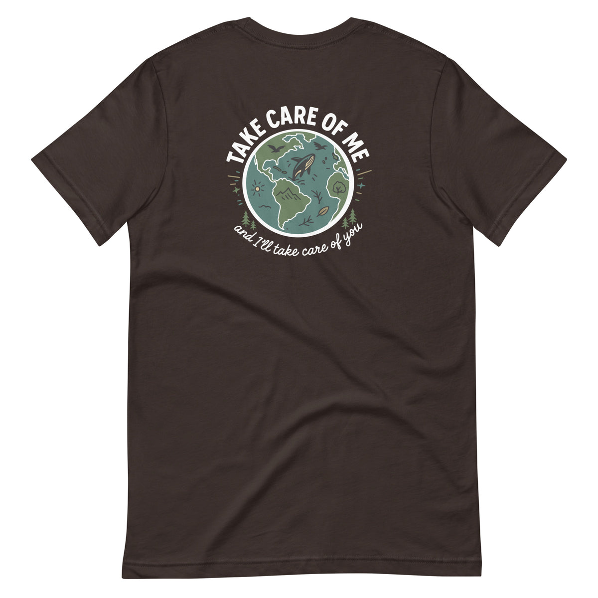 Take Care of Me brown Earth t-shirt back planet graphic design