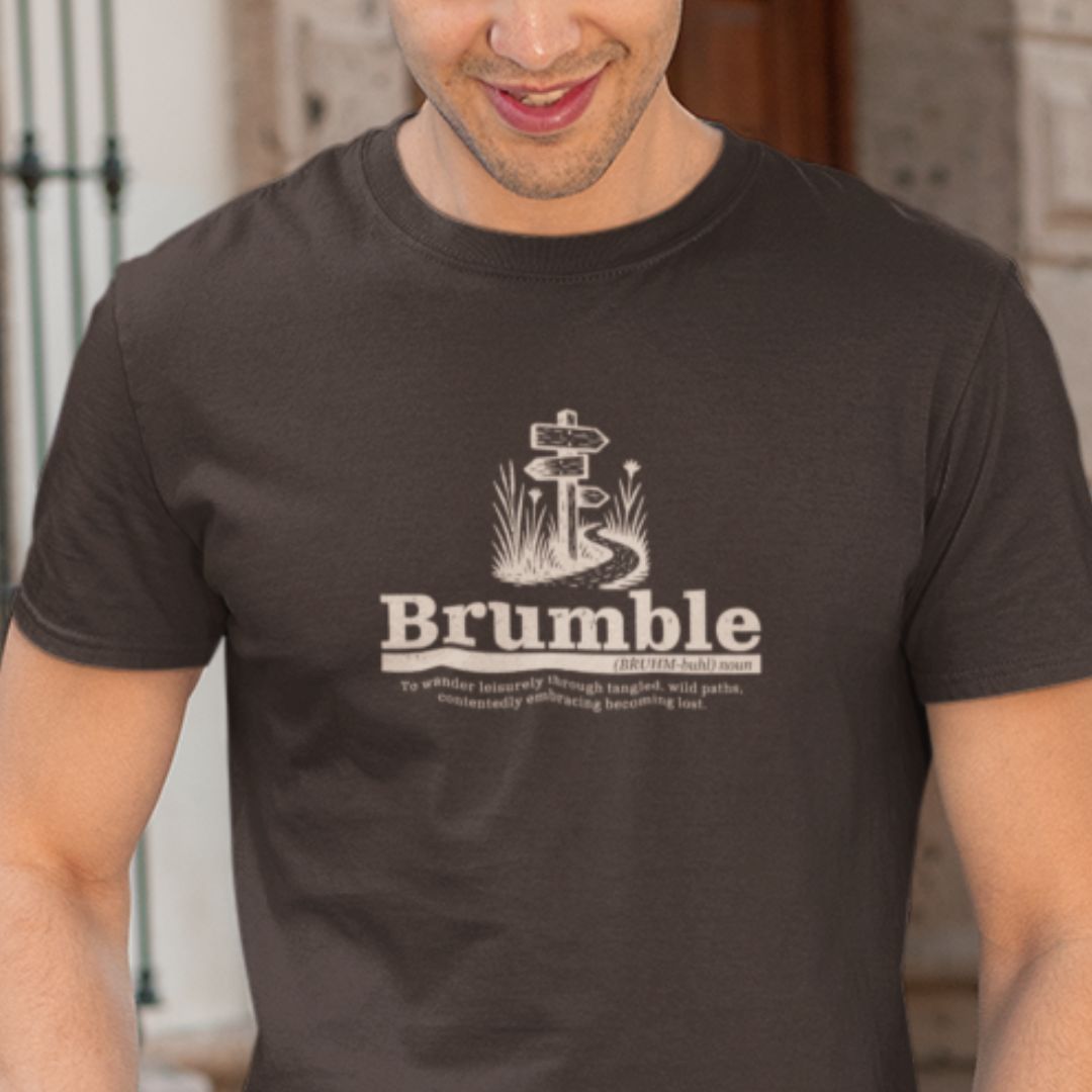 Man wearing Brumble Wilderness brown outdoor hiking t-shirt lifestyle
