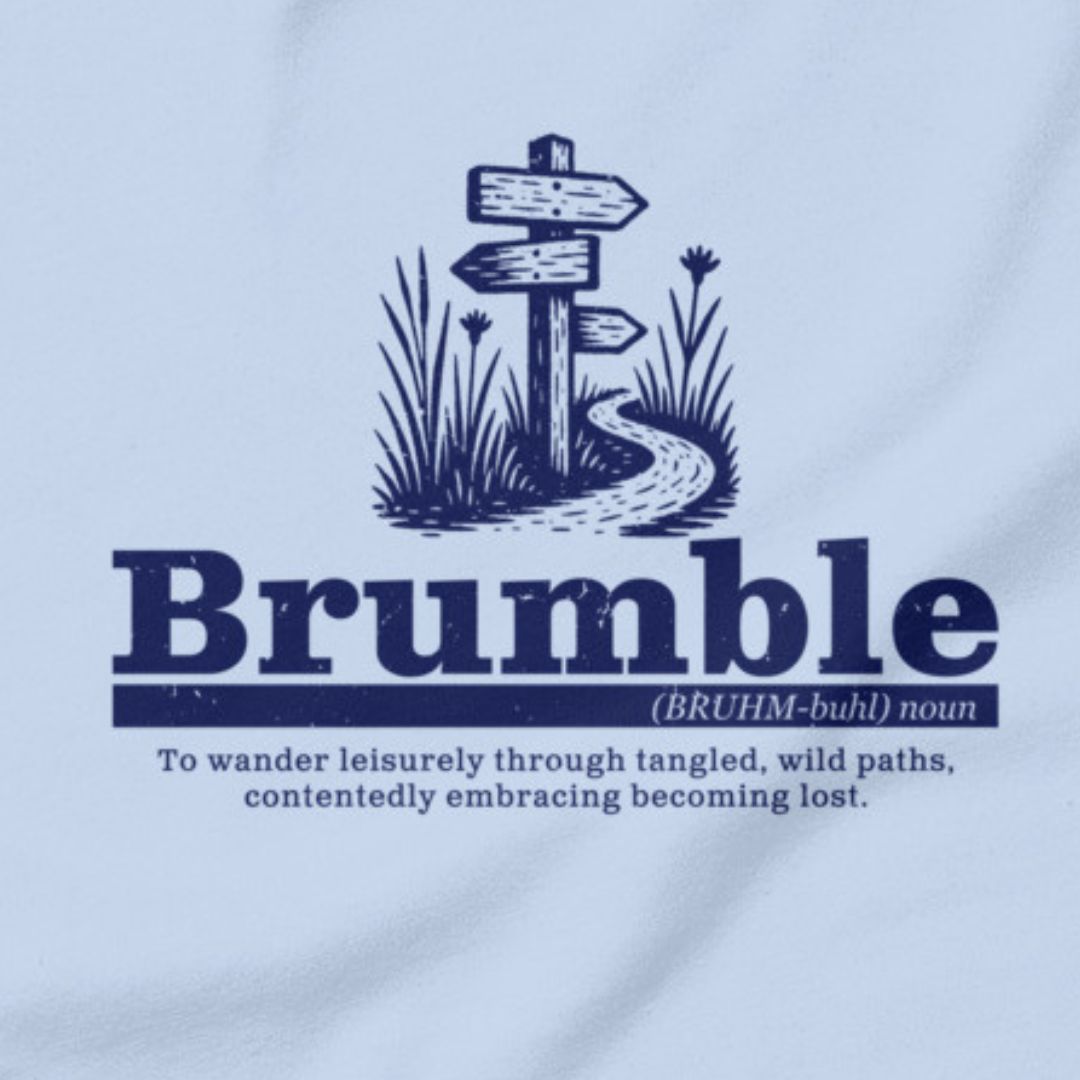 Brumble Wilderness outdoor adventure t-shirt baby blue close-up design
