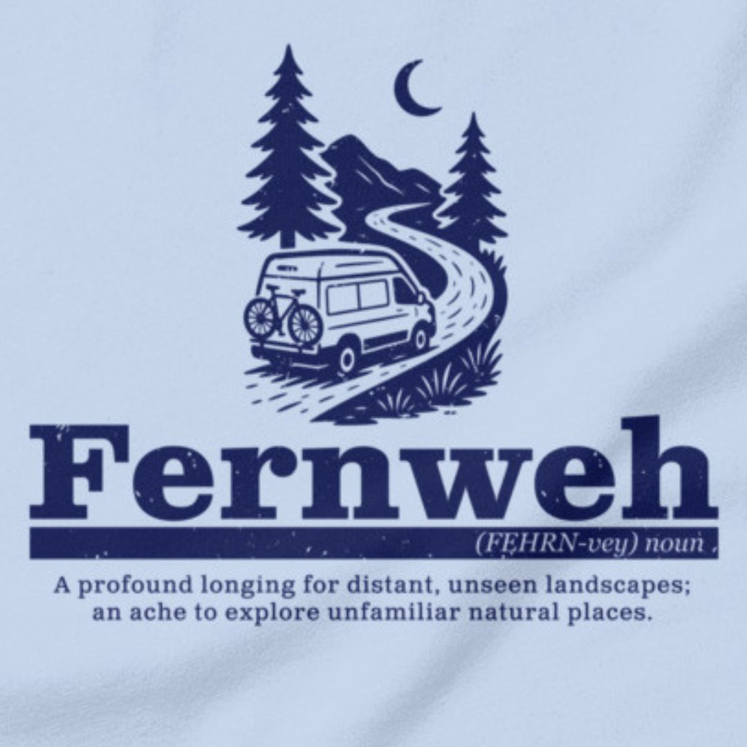 Fernweh wanderlust t-shirt baby blue close-up adventure design
