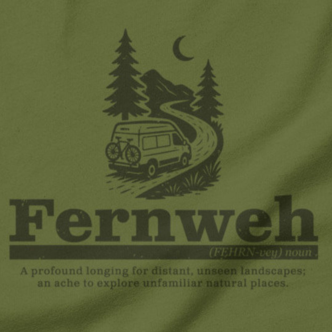 Fernweh travel t-shirt olive close-up wanderlust adventure design
