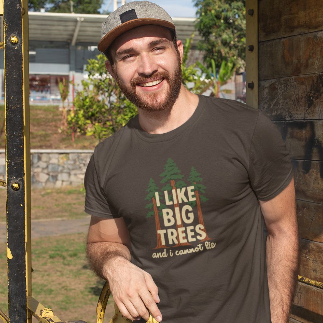 Man wearing I Like Big Trees funny tree t-shirt outdoor lifestyle
