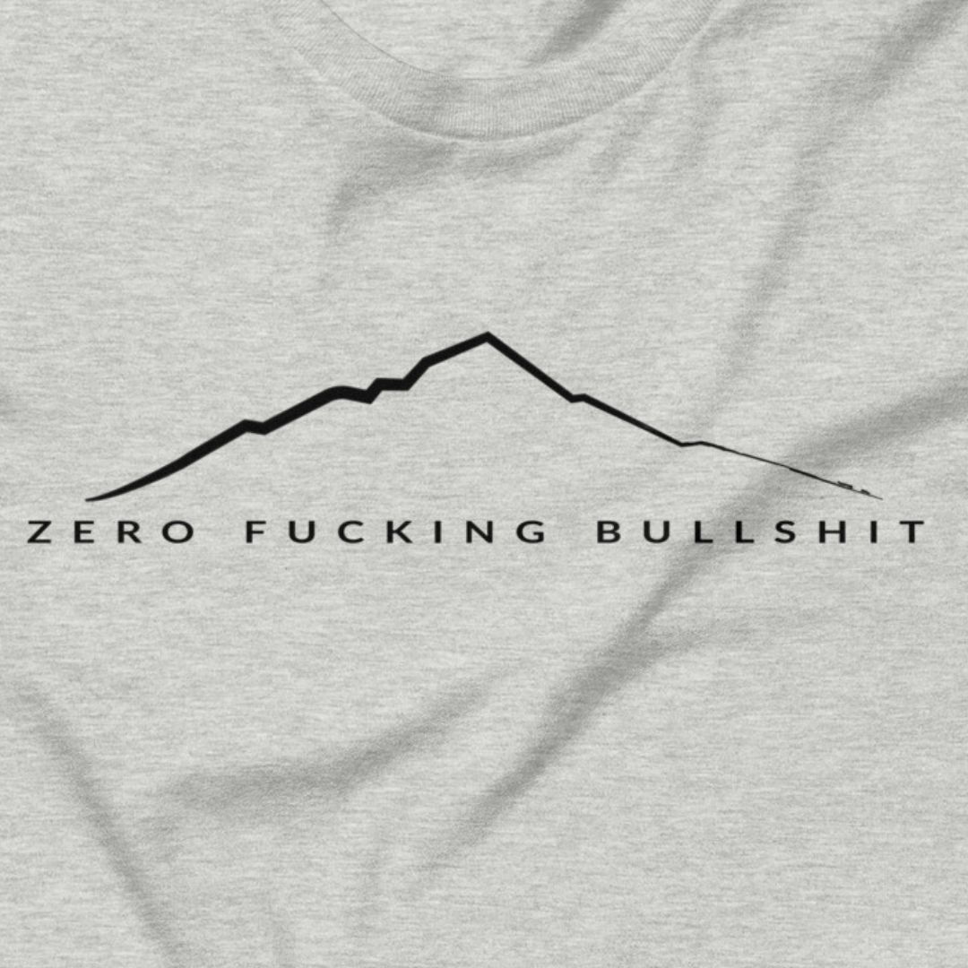 Mountains Have Zero BS hiking t-shirt athletic heather close-up design
