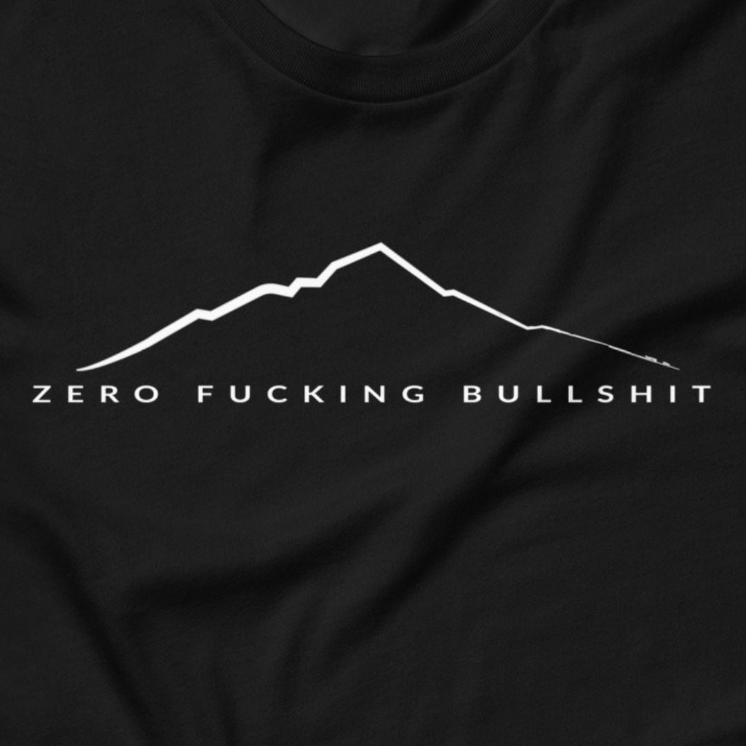Mountains Have Zero BS hiking t-shirt black close-up design
