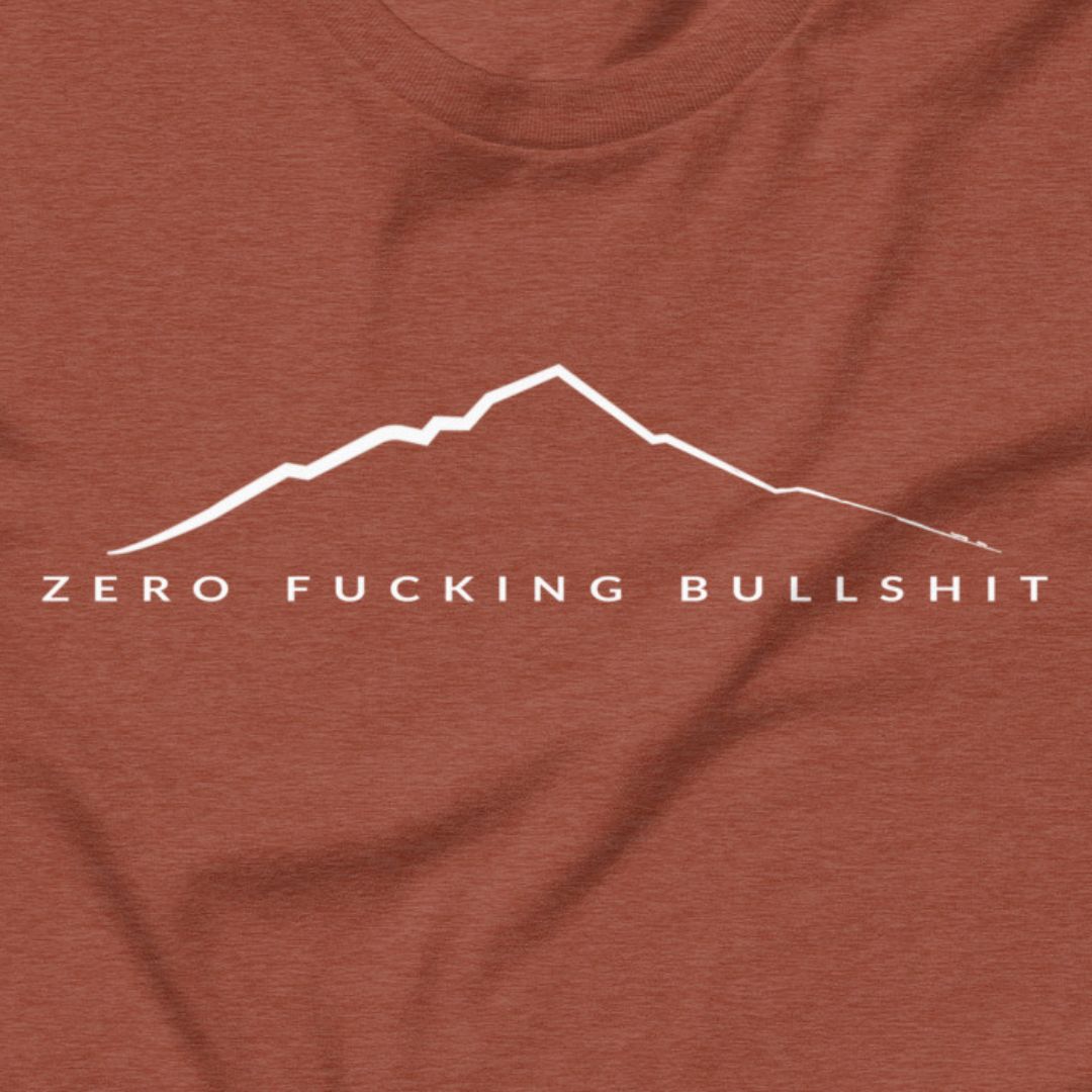 Mountains Have Zero BS hiking t-shirt heather clay close-up design
