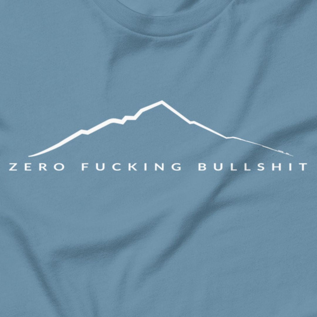 Mountains Have Zero BS hiking t-shirt heather columbia blue close-up design
