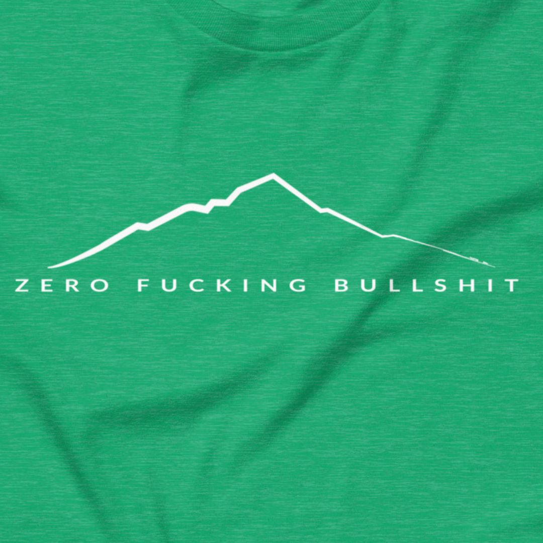 Mountains Have Zero BS hiking t-shirt heather kelly close-up design
