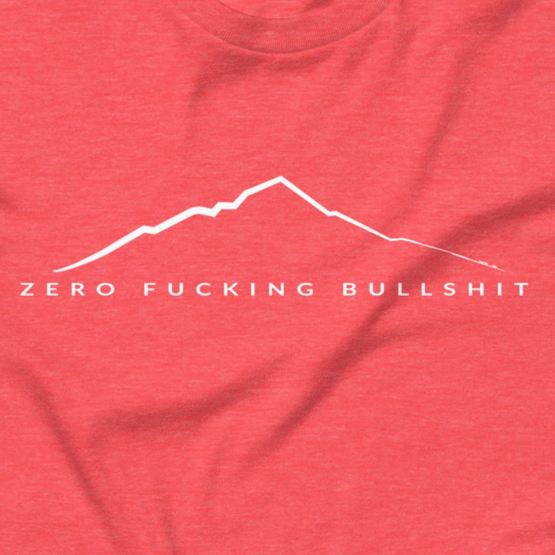 Mountains Have Zero BS hiking t-shirt heather red close-up design
