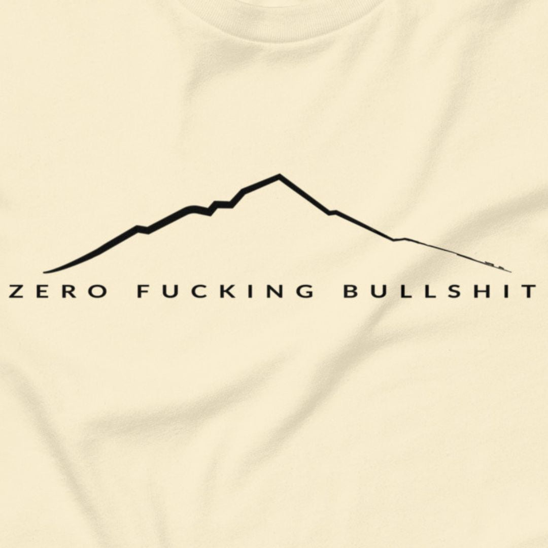 Mountains Have Zero BS hiking t-shirt natural close-up design
