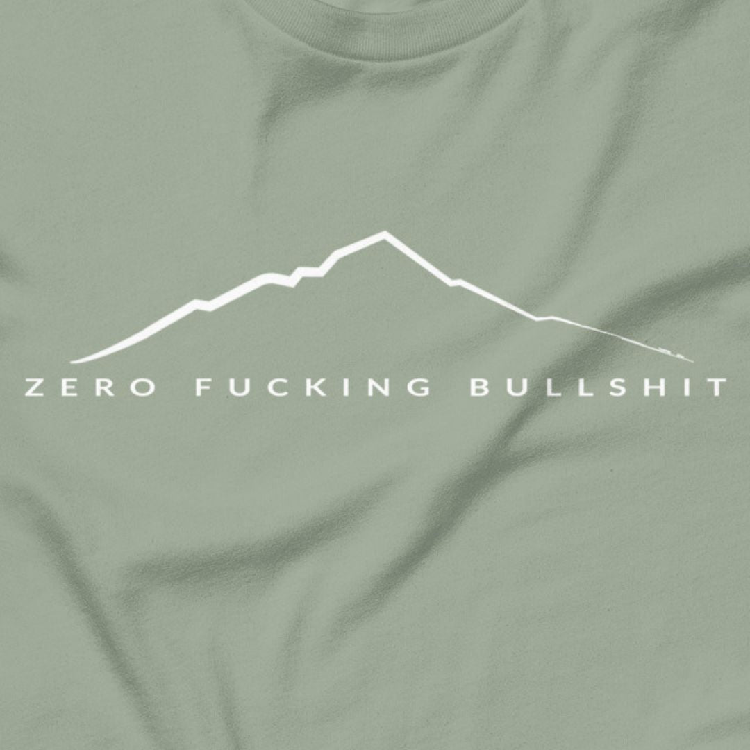 Mountains Have Zero BS hiking t-shirt sage close-up design

