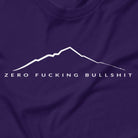 Mountains Have Zero BS hiking tee team purple close-up design
