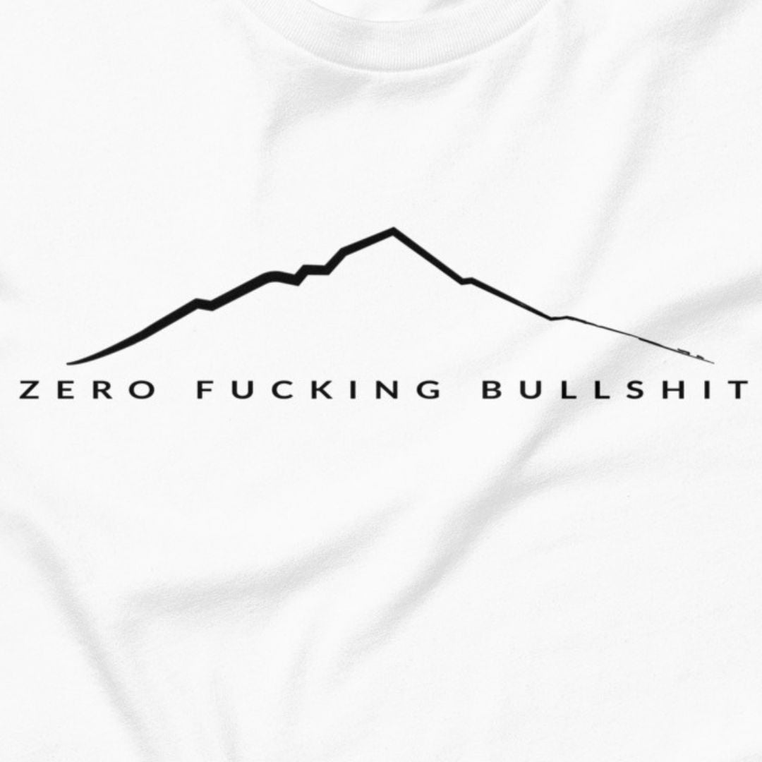 Mountains Have Zero BS outdoor t-shirt white close-up design detail
