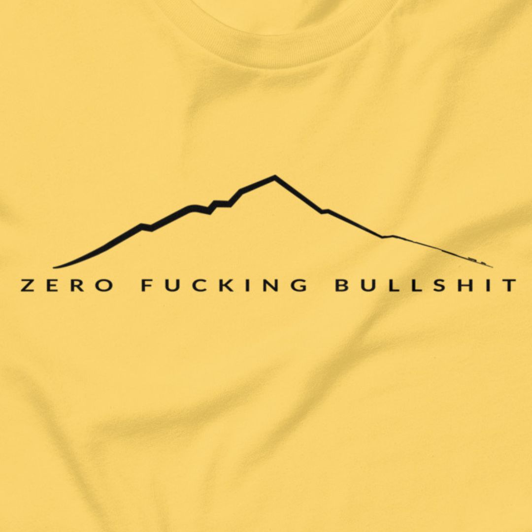 Mountains Have Zero BS outdoor t-shirt yellow close-up design detail
