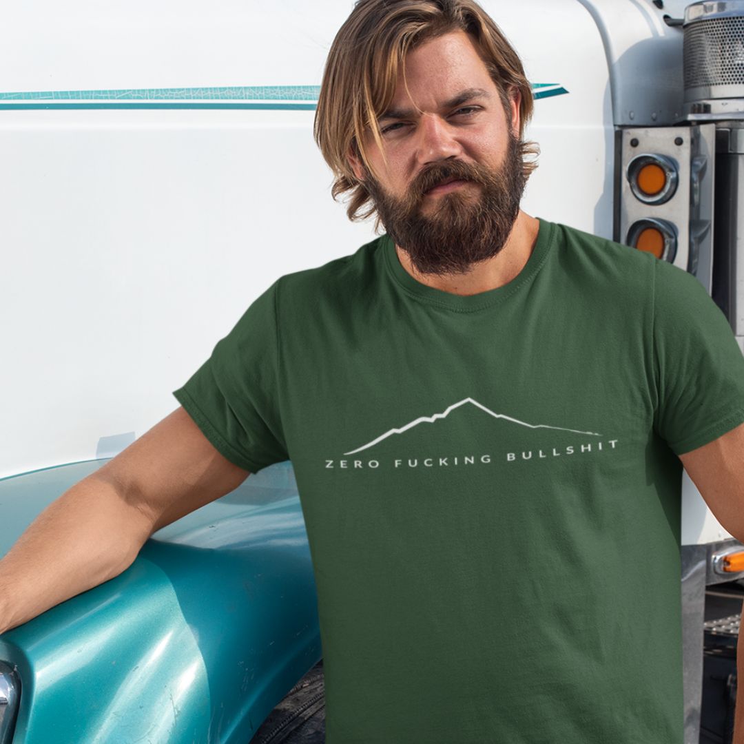 Man wearing Mountains Have Zero BS hiking t-shirt green outdoor lifestyle
