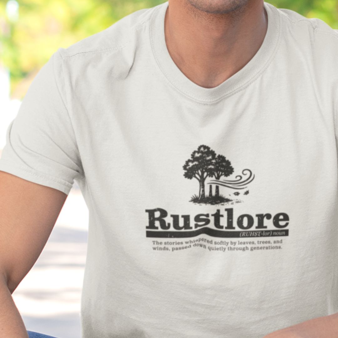 Man wearing Rustlore Forest silver outdoor nature t-shirt hiking
