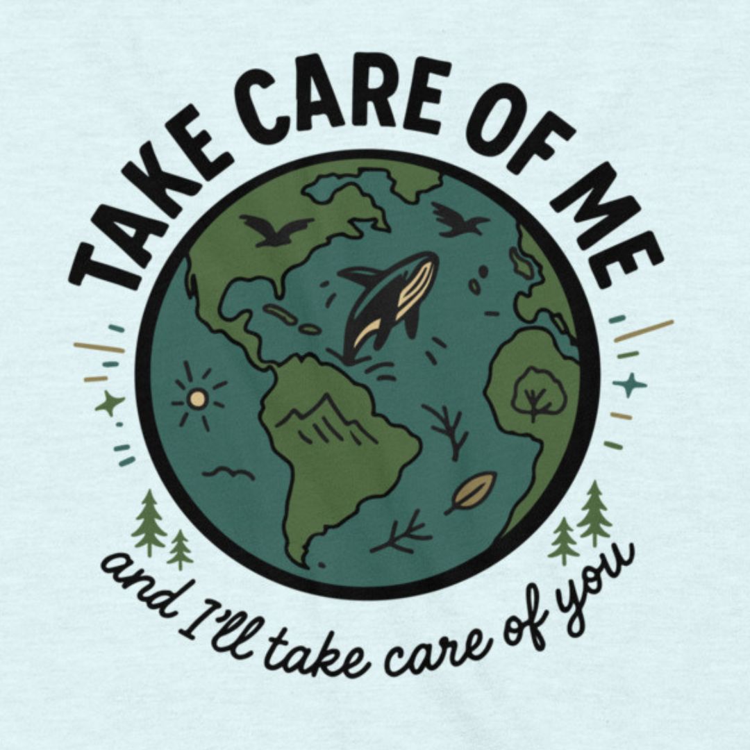 Take Care of Me environmental t-shirt heather ice blue Earth design
