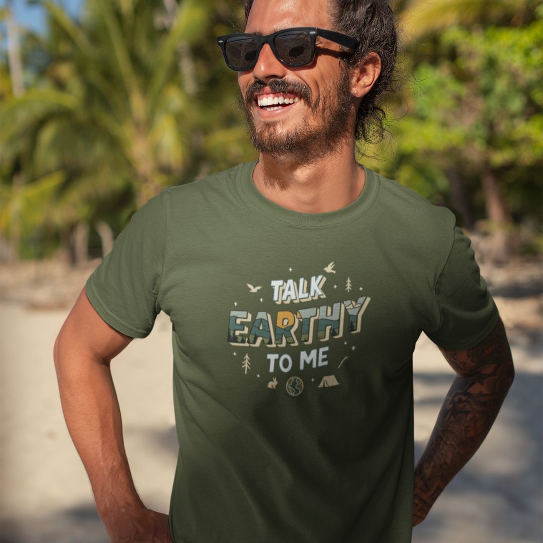 Man wearing Talk Earthy to Me funny nature t-shirt outdoor lifestyle
