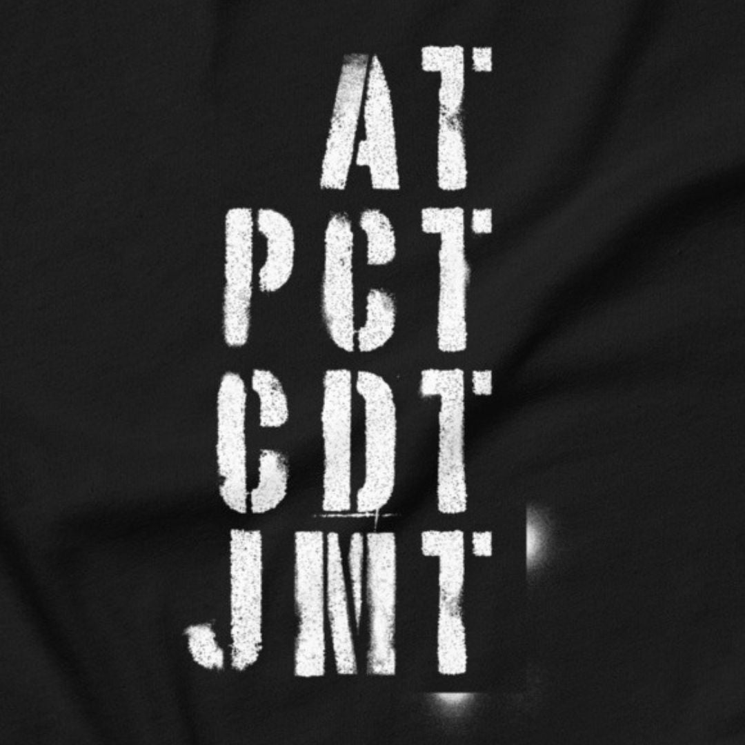 Trail Legends thru hiking t-shirt black AT PCT CDT JMT close-up
