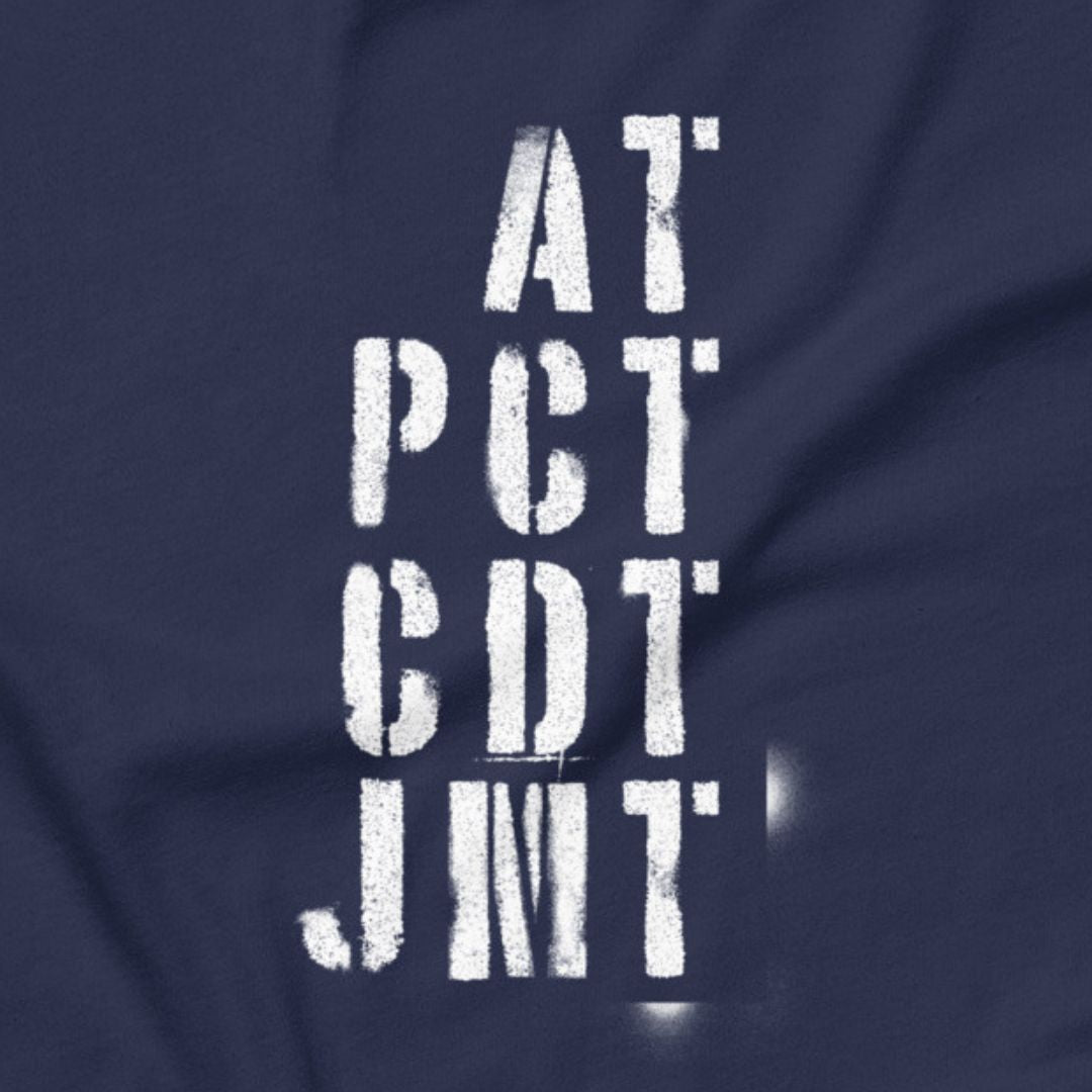 Trail Legends thru hiking t-shirt navy AT PCT CDT JMT close-up
