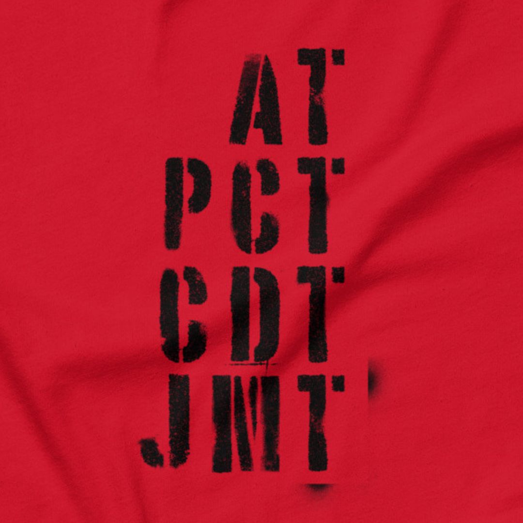 Trail Legends thru hiking t-shirt red AT PCT CDT JMT close-up
