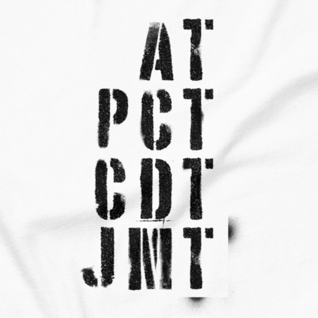 Trail Legends thru hiking t-shirt white AT PCT CDT JMT close-up
