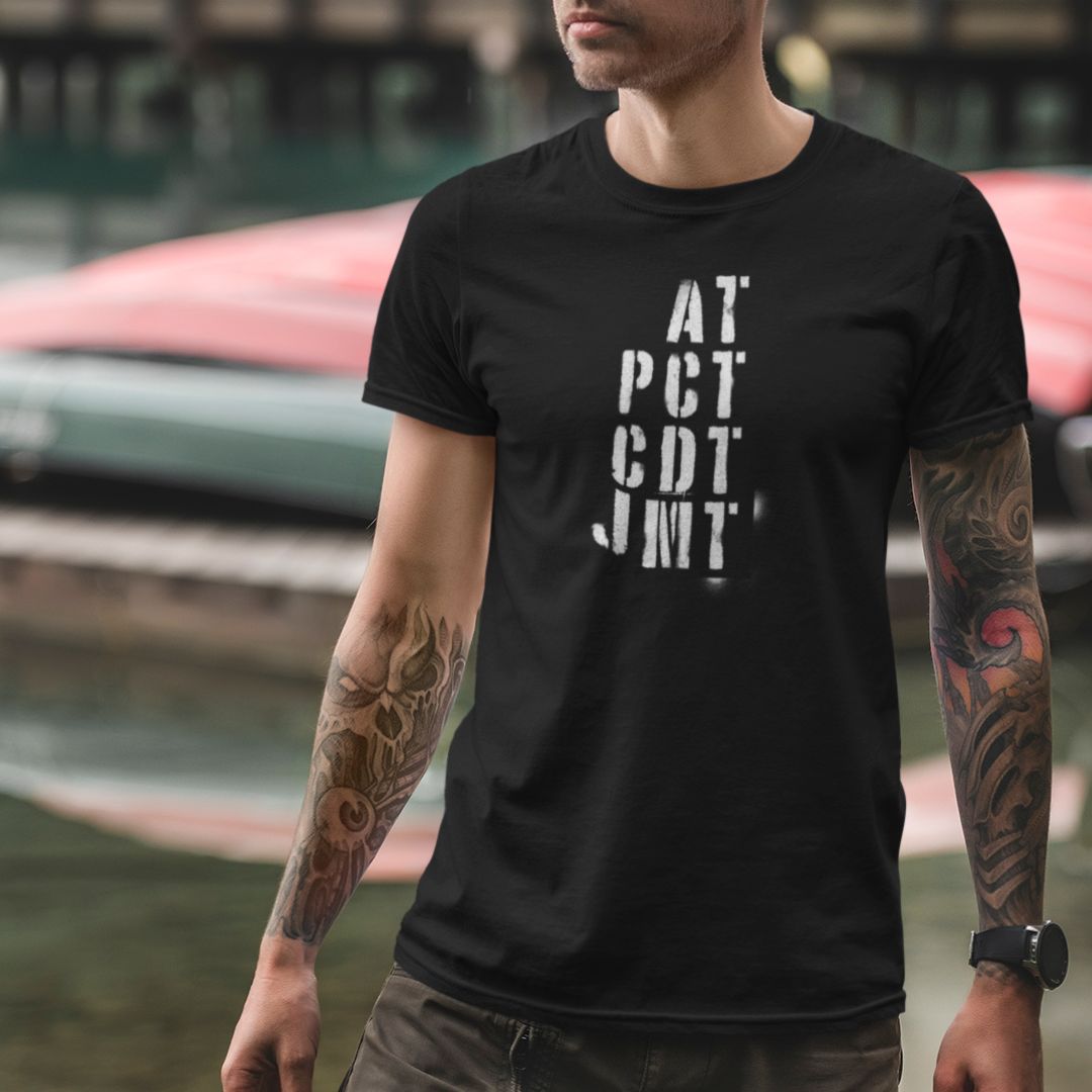 Man wearing Trail Legends thru hiking t-shirt outdoor lifestyle

