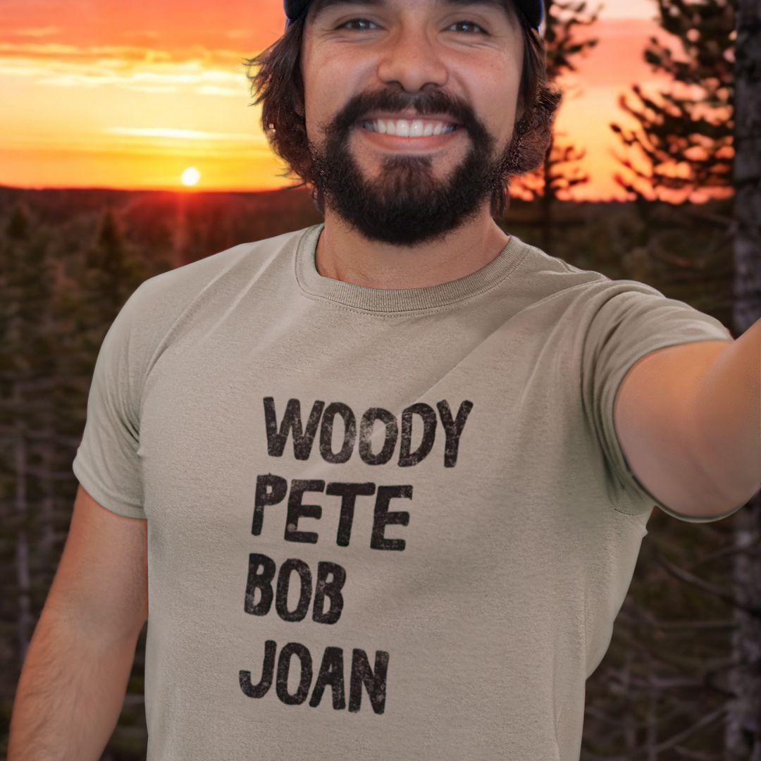 Man wearing Voices of the People sage folk music t-shirt lifestyle

