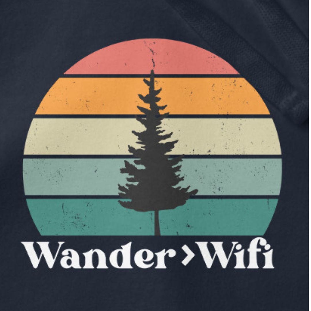 Wander is Greater than Wifi hoodie navy close-up retro sunset design
