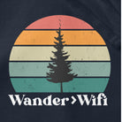 Wander is Greater than Wifi hoodie navy close-up retro sunset design
