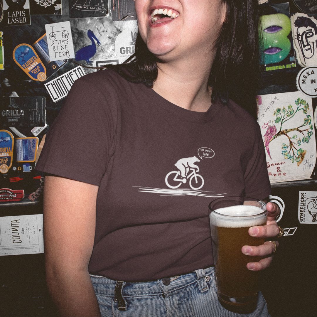 Woman wearing On Your Left Bear oxblood funny cycling t-shirt
