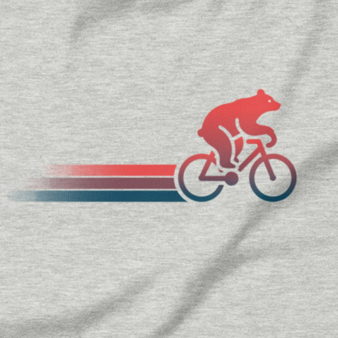 Woodland Cyclist Bear cycling t-shirt athletic heather close-up bike design
