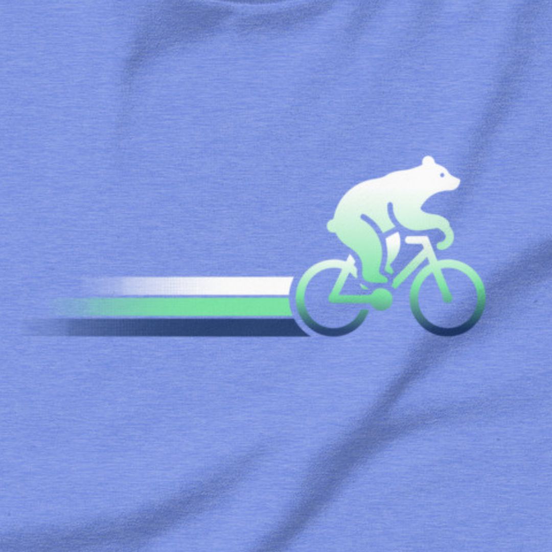 Woodland Cyclist Bear cycling t-shirt heather columbia blue close-up
