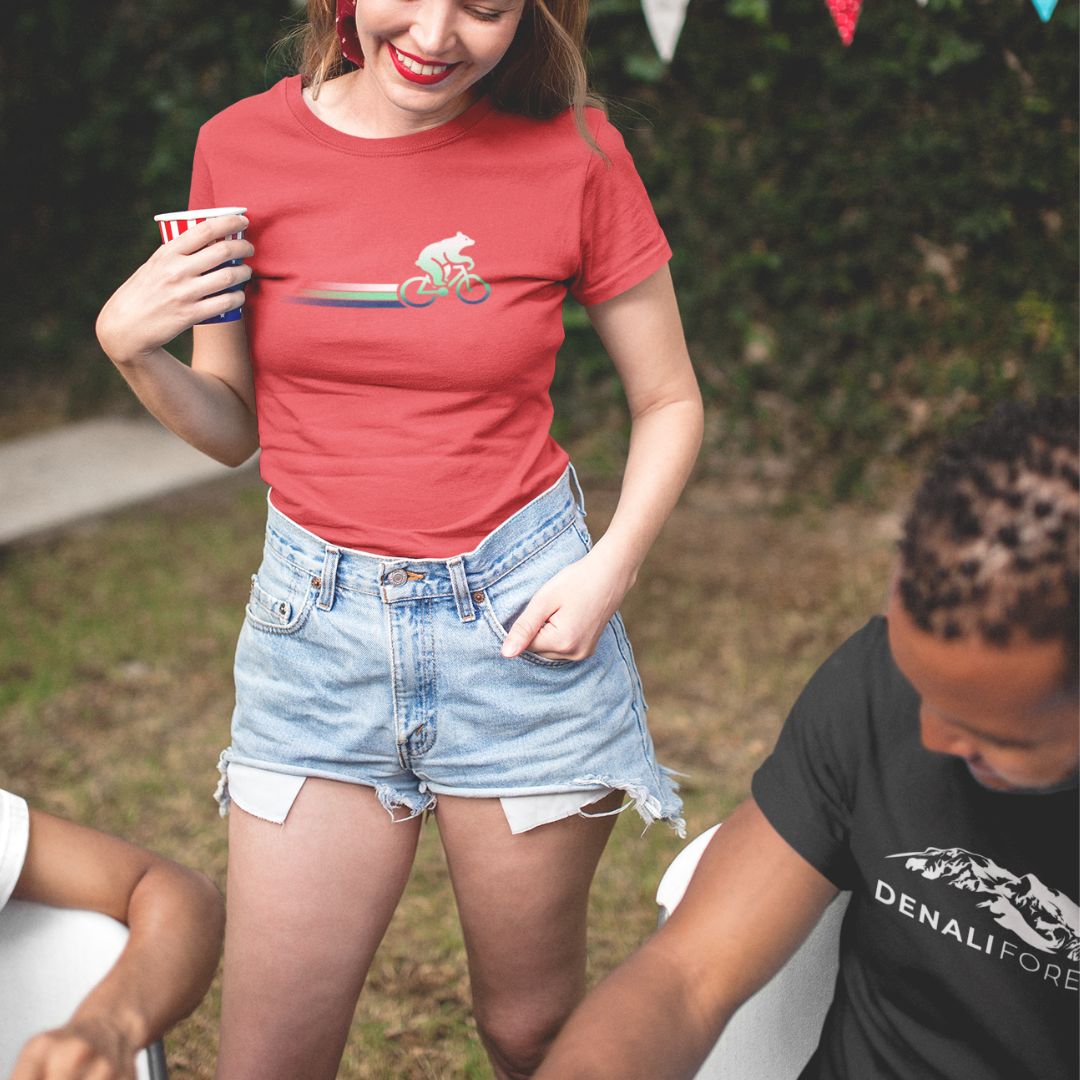 Woman wearing Woodland Cyclist Bear heather red cycling t-shirt
