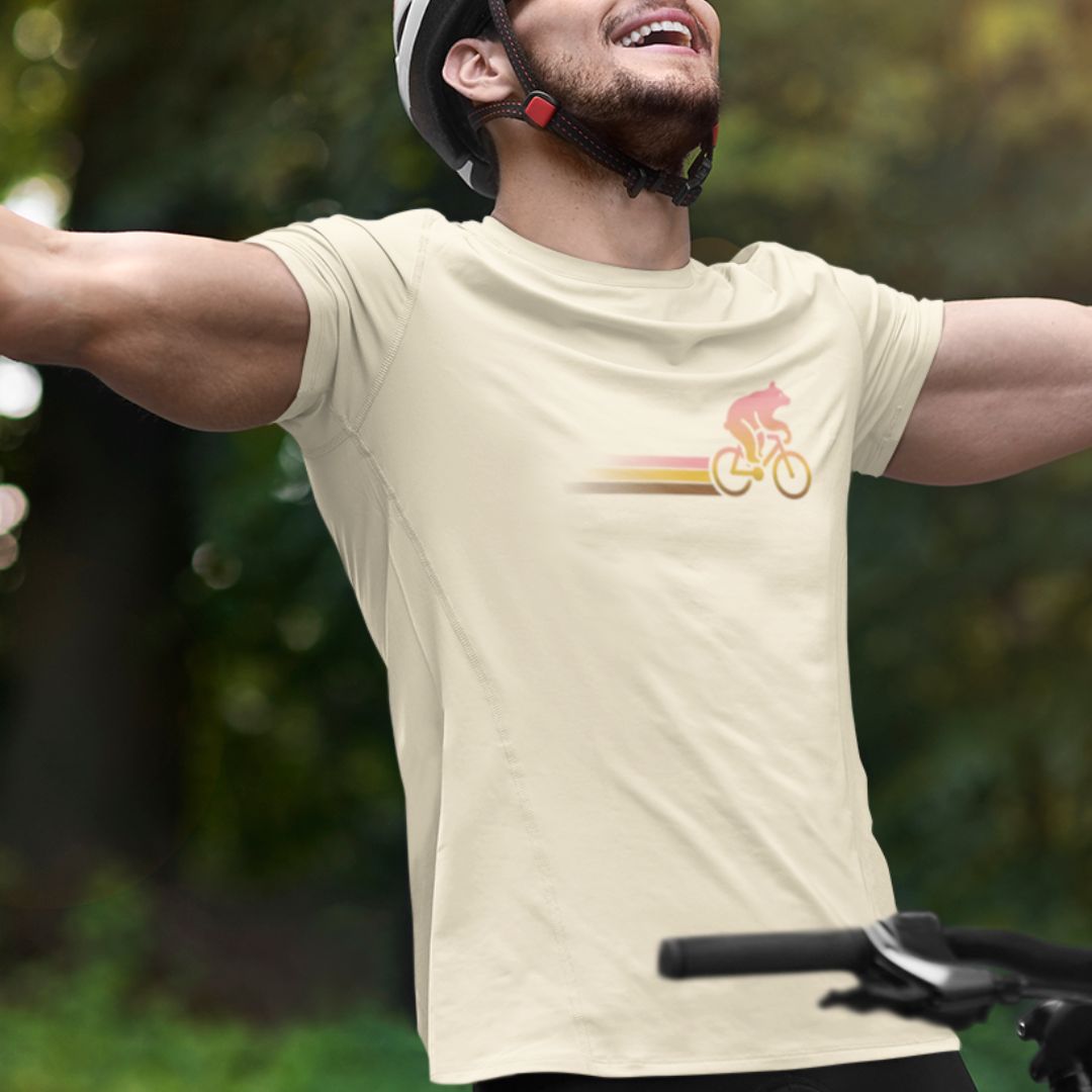 Man wearing Woodland Cyclist Bear natural cycling t-shirt bike
