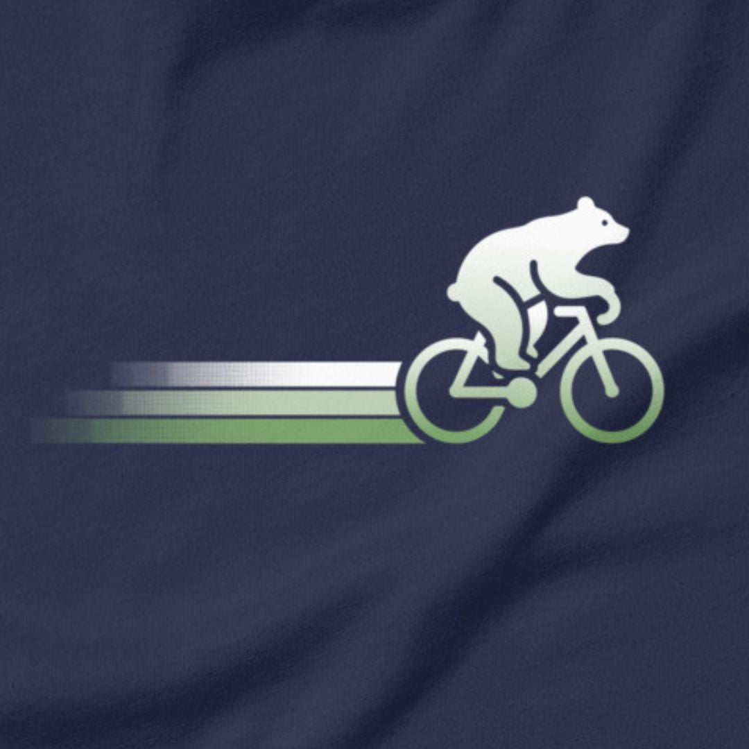 Woodland Cyclist Bear cycling t-shirt navy close-up bike design
