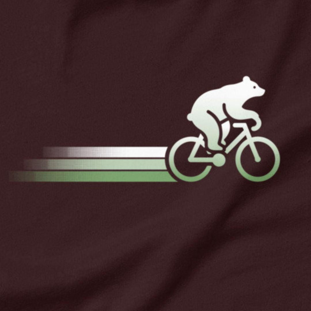 Woodland Cyclist Bear cycling t-shirt oxblood black close-up bike design
