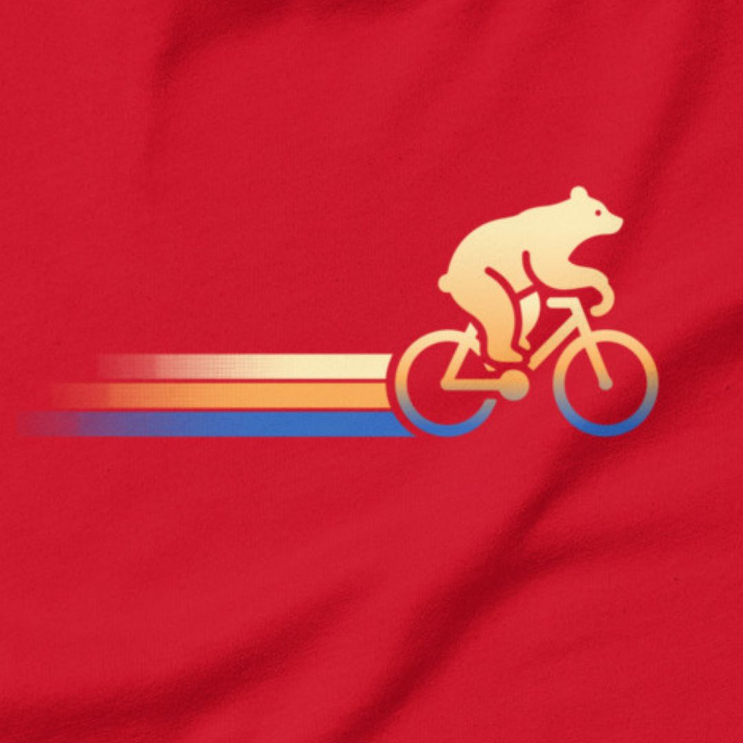 Woodland Cyclist Bear cycling t-shirt red close-up bike design

