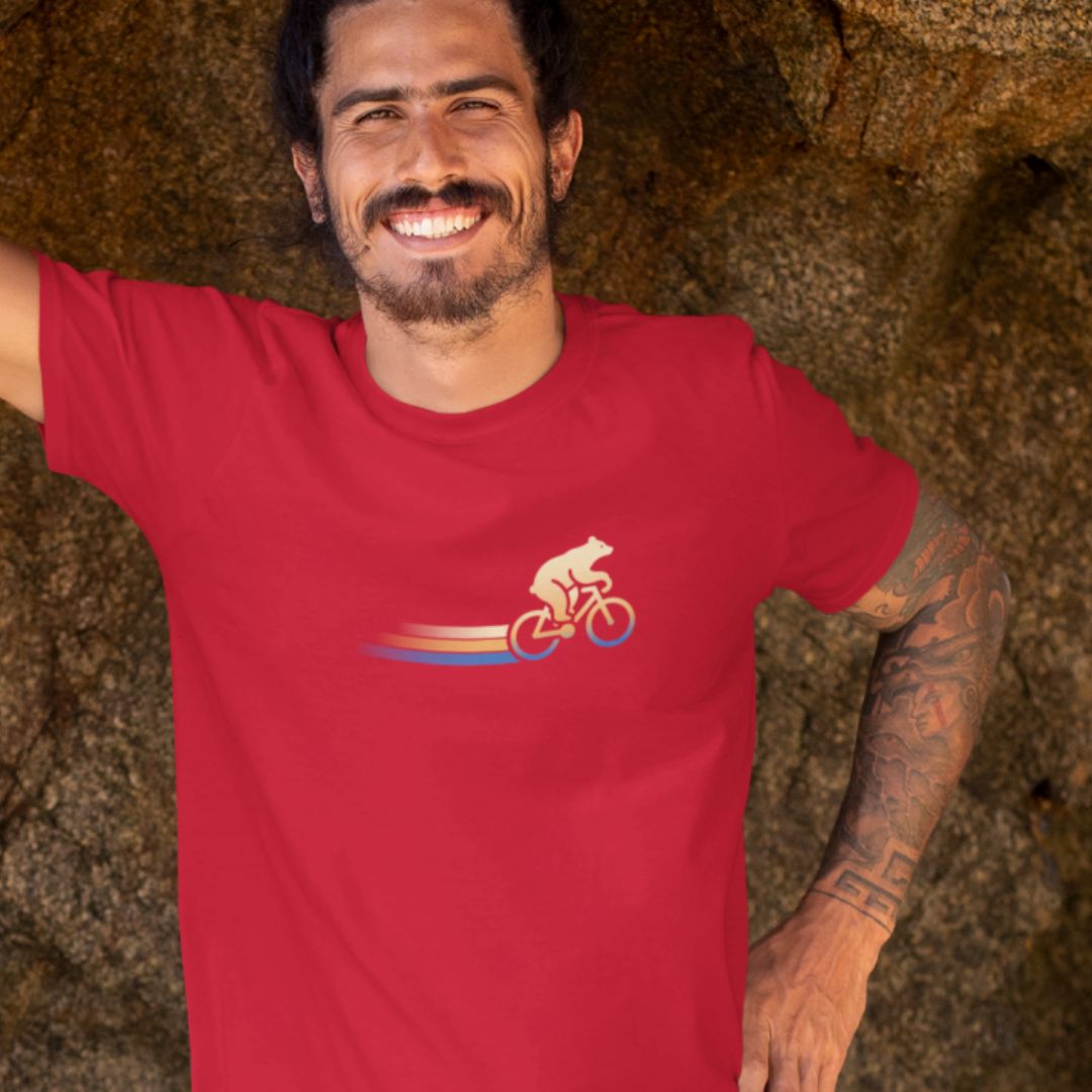 Man wearing Woodland Cyclist Bear red cycling t-shirt bike
