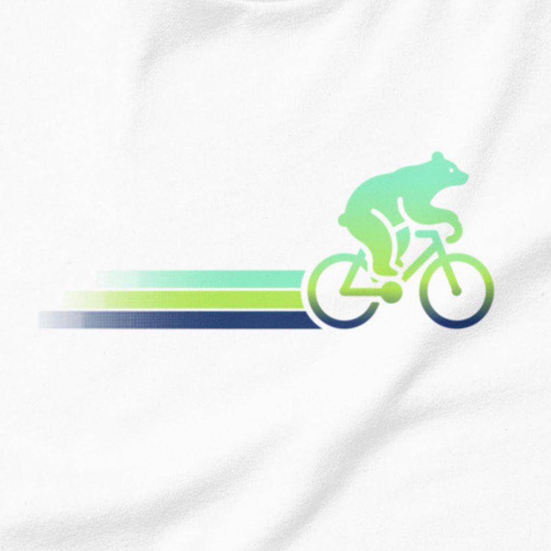 Woodland Cyclist Bear cycling t-shirt white close-up bike design
